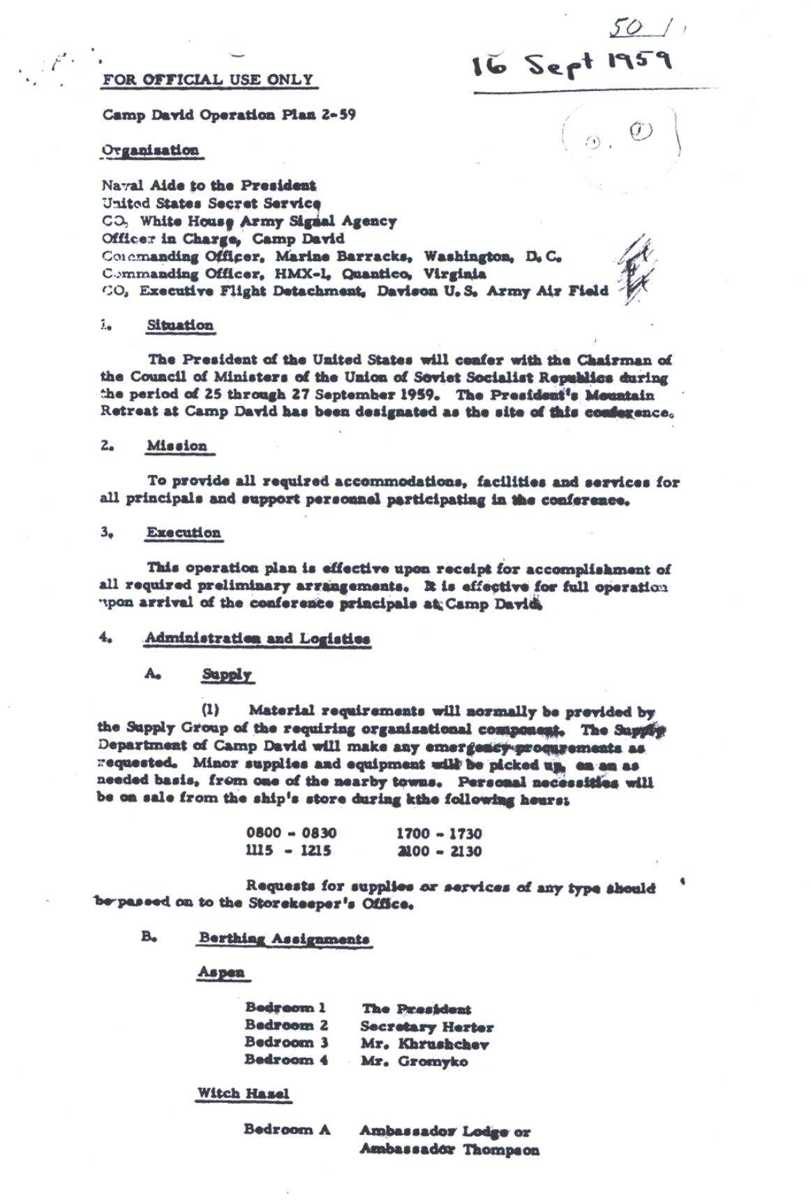 Documents pertaining to President Eisenhower's meeting with Soviet Premier Nikita Khrushchev at Camp David