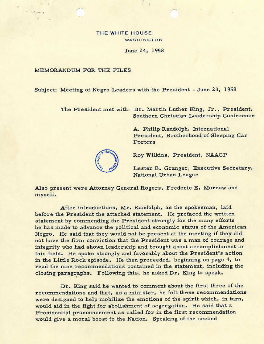 Memorandum for the Record, Meeting of Negro Leaders with the President