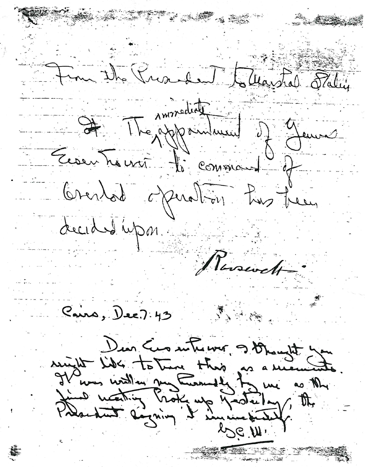 Note appointing General EIsenhower to command Operation Overlord