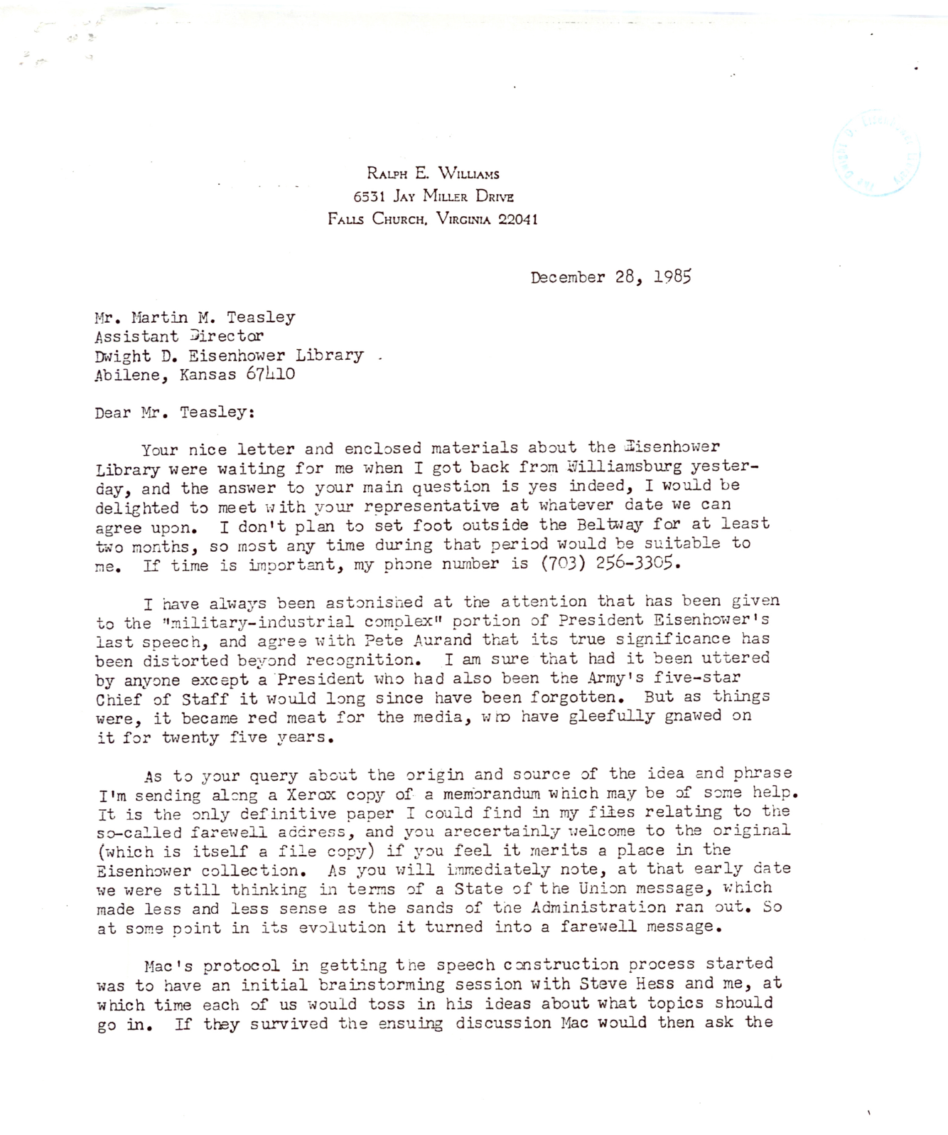 Letter from Ralph Williams to Martin Teasley