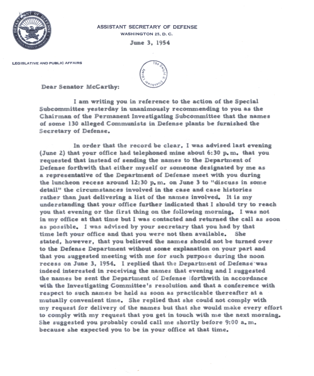 Letter, Asst. Secretary of Defense Fred Seaton to Senator McCarthy