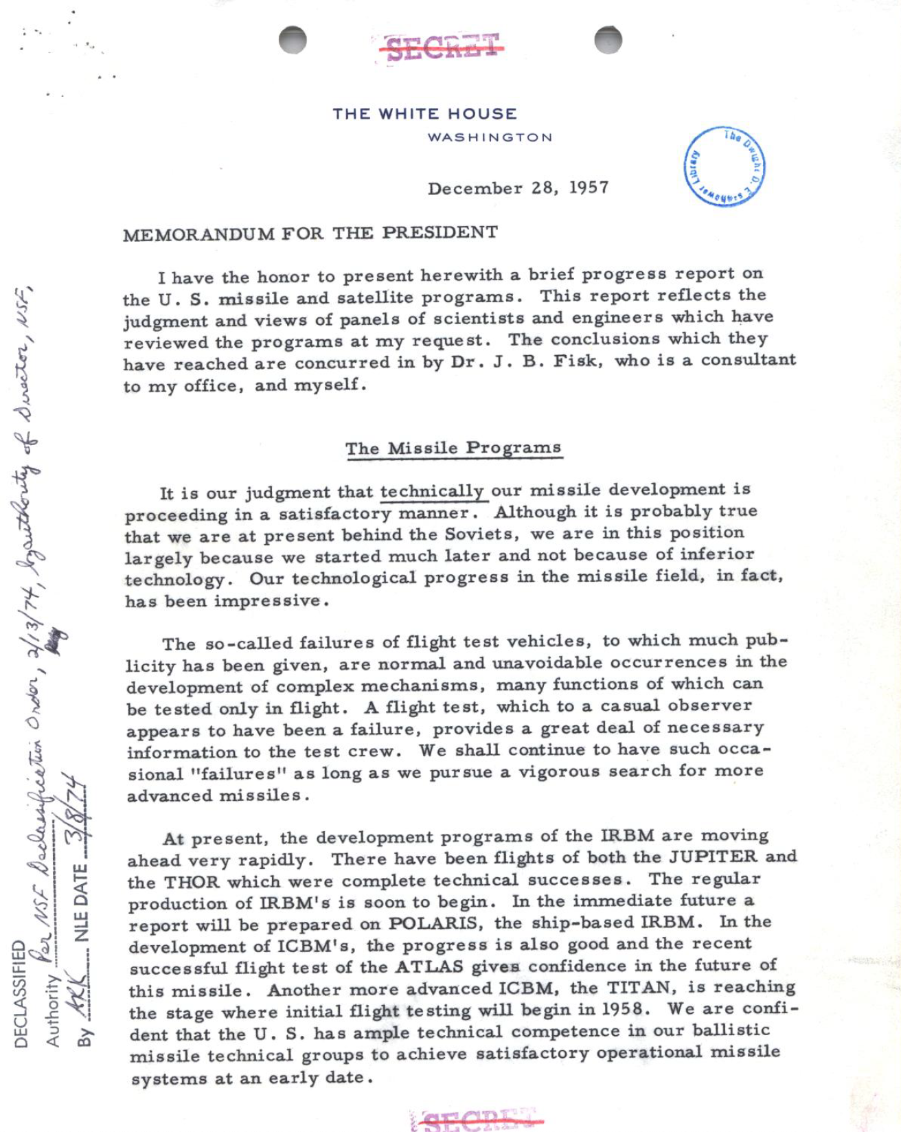 Memorandum from Dr. Killian to President Eisenhower 