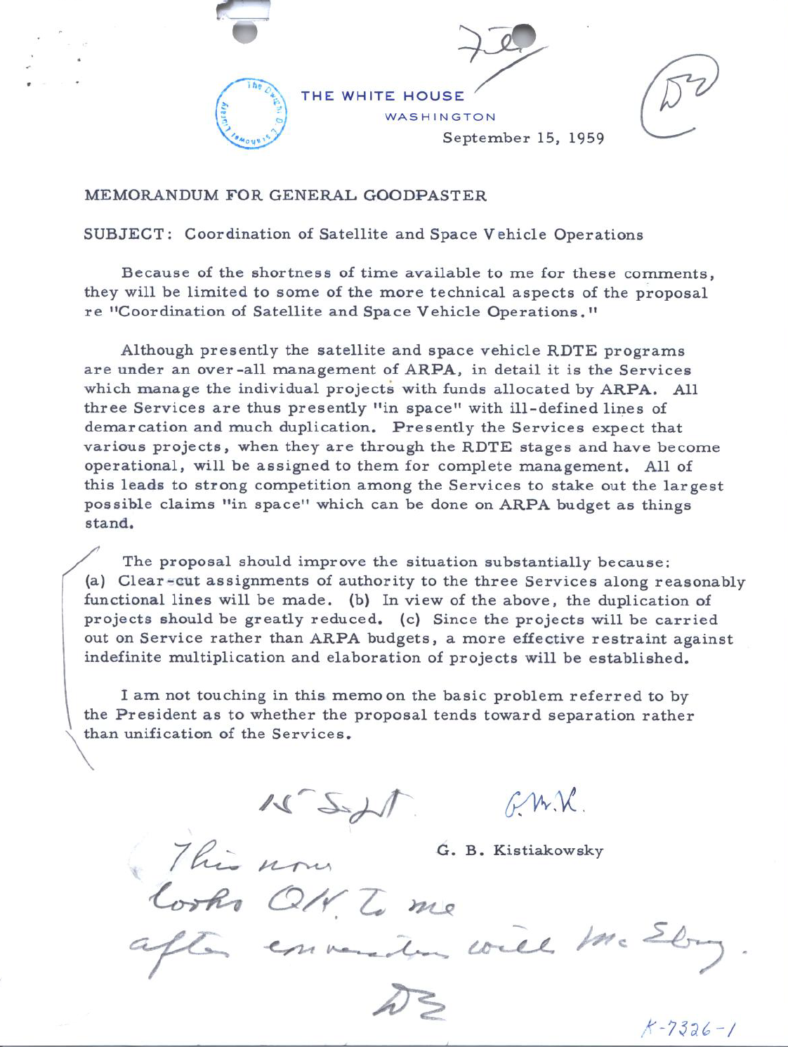 Memorandum from Dr. Kistiakowsky to General Goodpaster