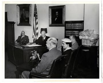 President Dwight D. Eisenhower gives a radio-TV broadcast regarding his first four months in office. June 3, 1953.