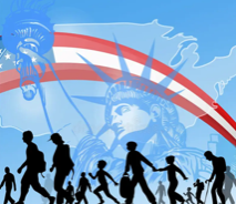 Graphic of students beneath sweeping red and blue lines.