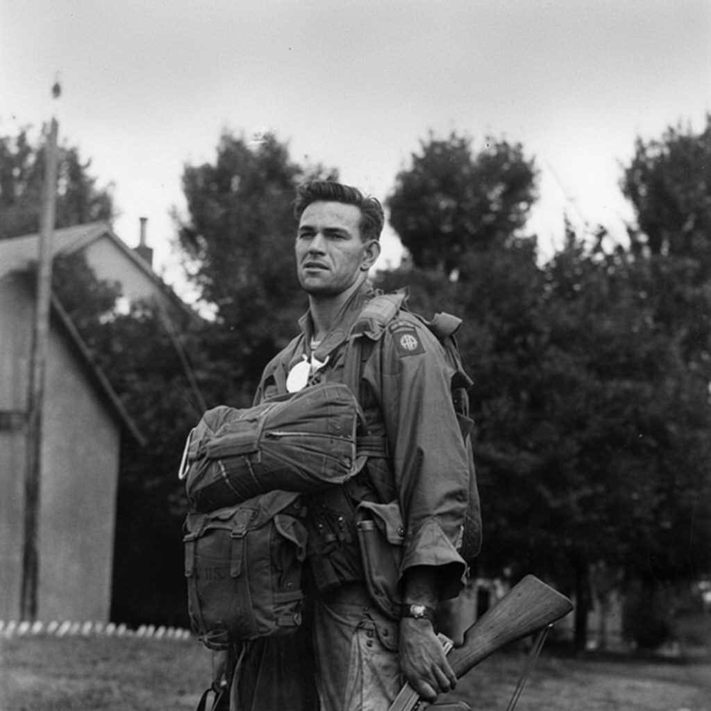 A man in military attire holding a backpack and rifle, standing outdoors. The photograph is black-and-white.