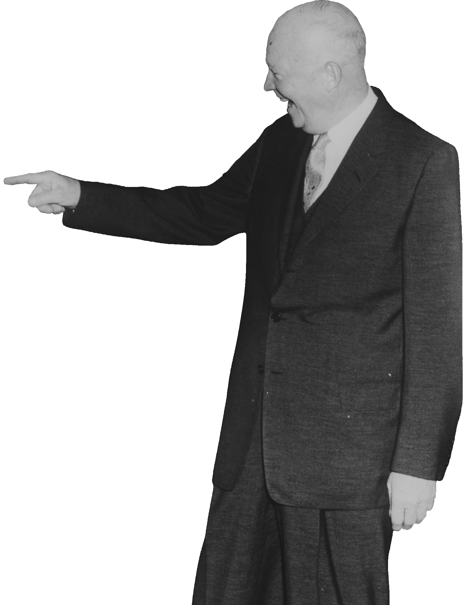 This is a black and white photo of Dwight D. Eisenhower in formal attire pointing to the left with one hand. He appears confident and engaged.