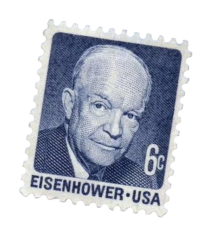 This is an image of a postage stamp featuring President Eisenhower of the United States. The stamp has a portrait of the president.