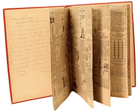 An open book with pages with text on the pages, including what appears to be ads.