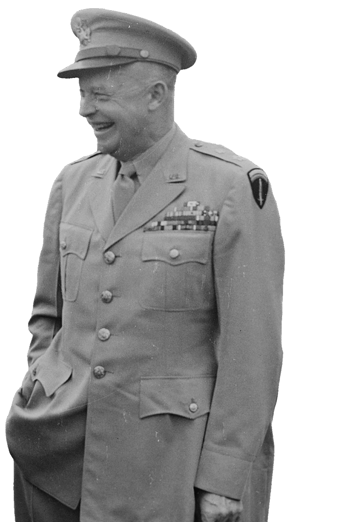 A monochromatic image features an Dwight D. Eisenhower wearing a military uniform.