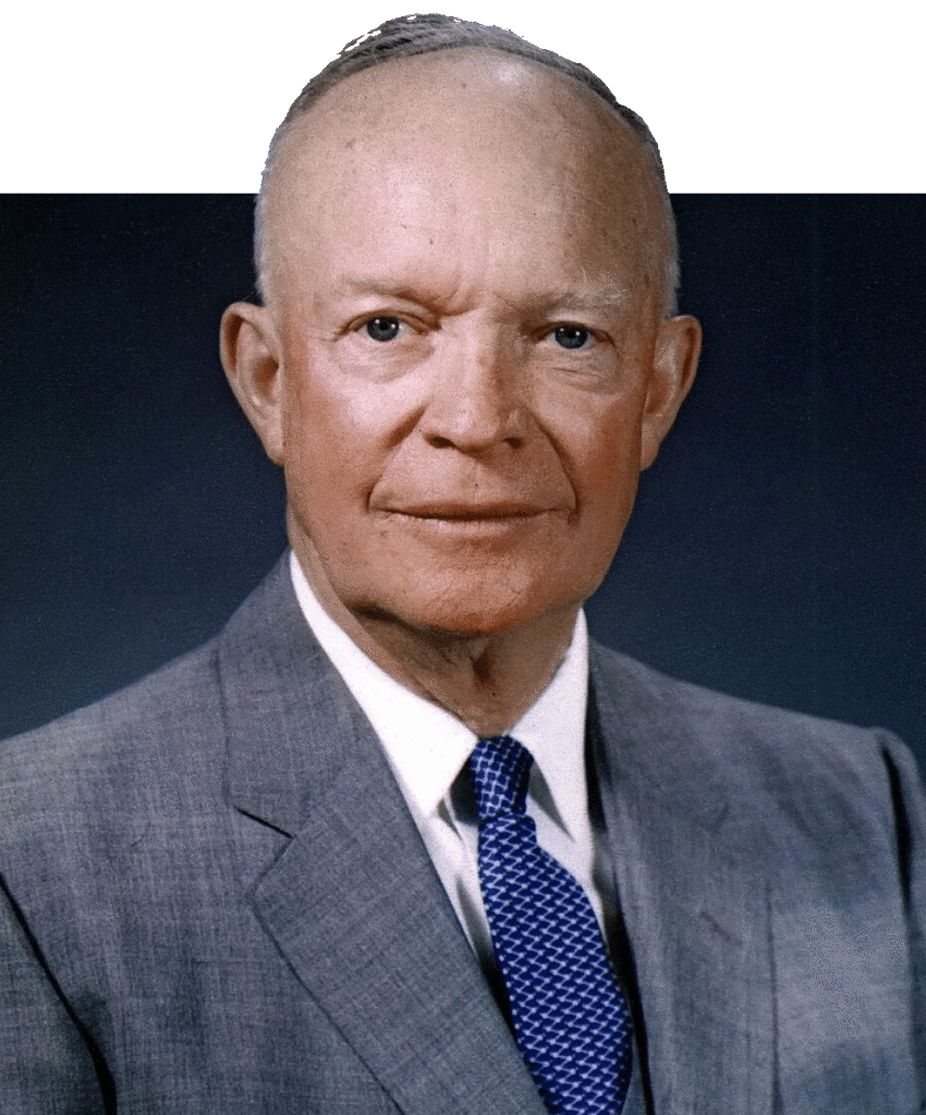 President Dwight D. Eisenhower in a suit with a tie, portraying a formal portrait style.