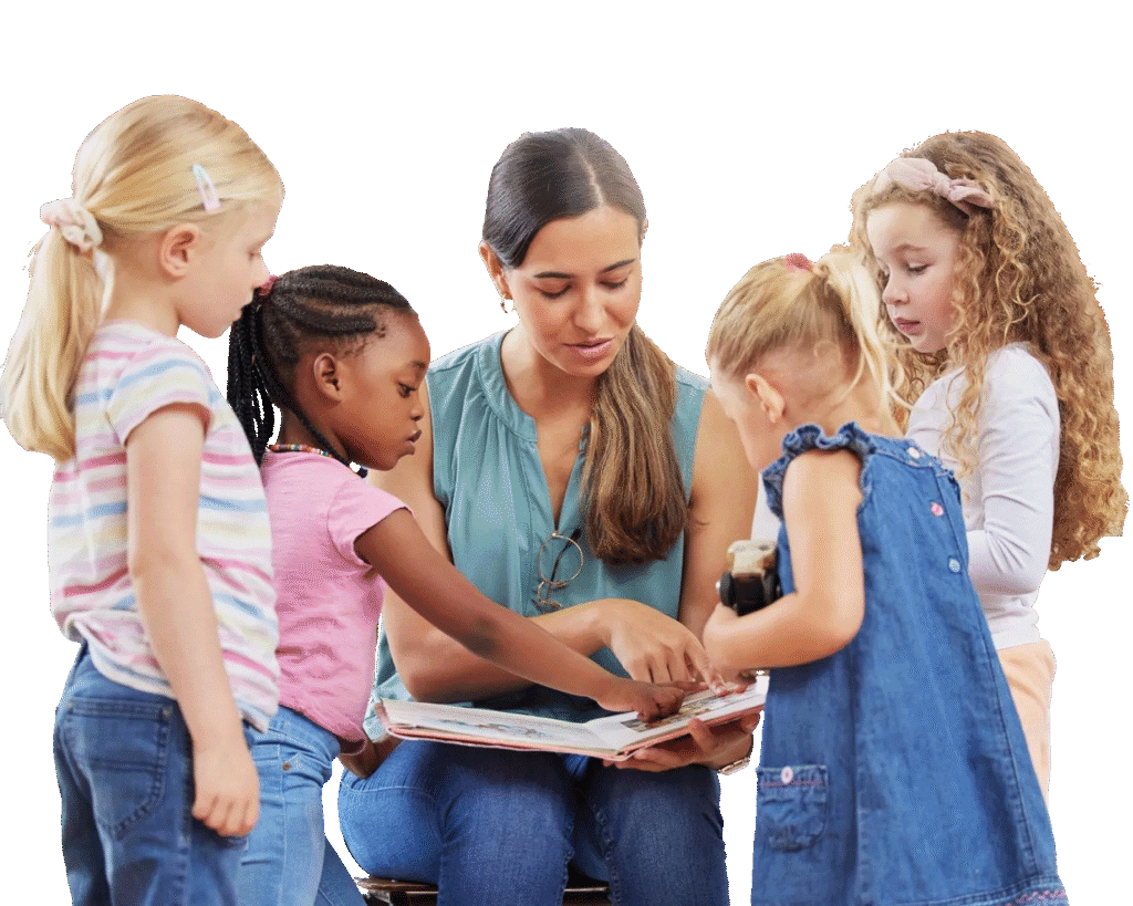 A woman reading to children in a room.