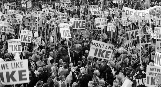 Delegates hold Eisenhower signs at the 1952 Republican National Convention.