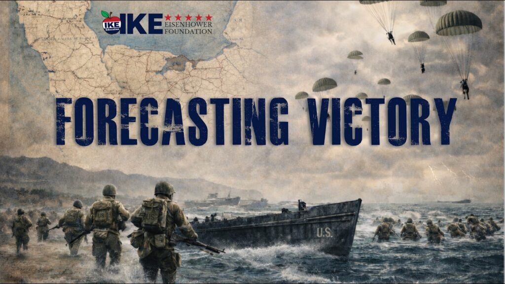 Educational graphic titled “Forecasting Victory” over a wartime landing scene.