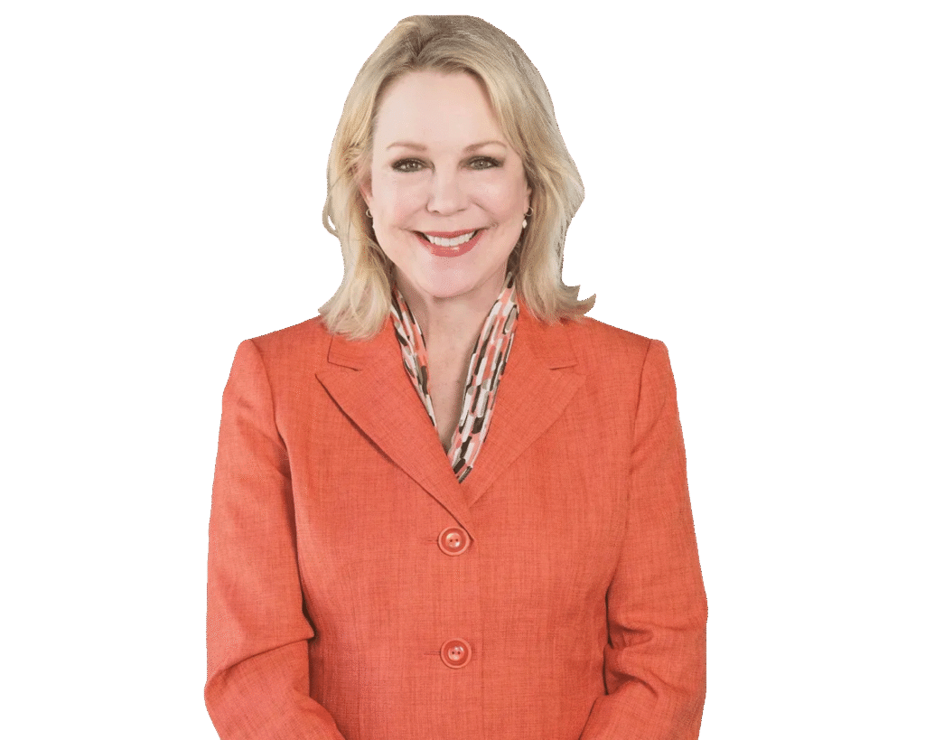 Eisenhower's daughter, standing from the waist up, wearing an orange suit and a blue striped tie.