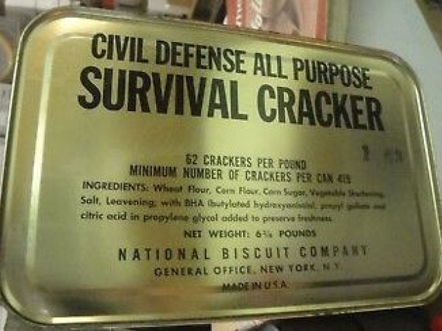 Civil Defense emergency survival cracker package with preparation instructions.
