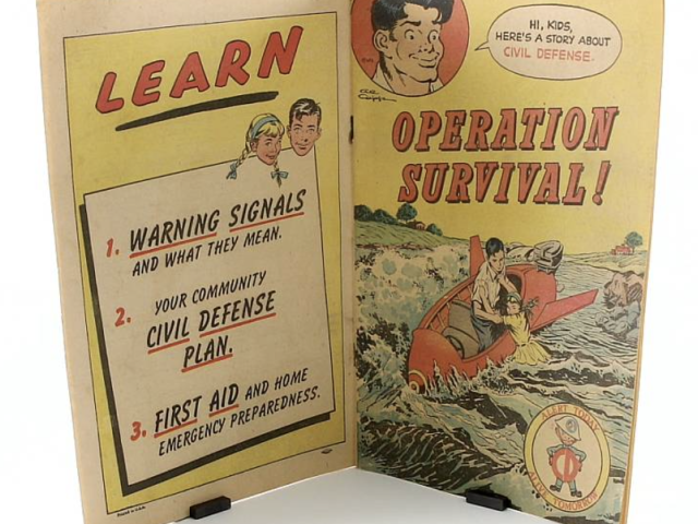 “Operation Survival” civil defense comic book cover showing a family and lessons on warning signals and emergency planning.