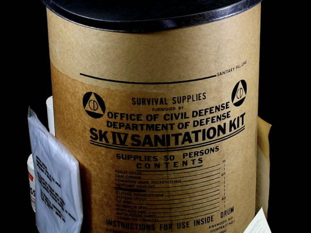 Civil defense sanitation supply container issued by the Office of Civil Defense.