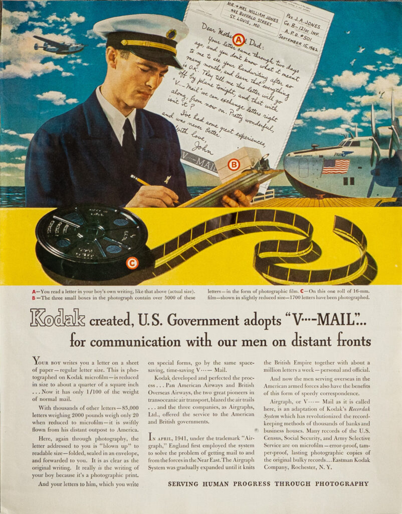 Advertisement showing a service member writing beside V-Mail materials.