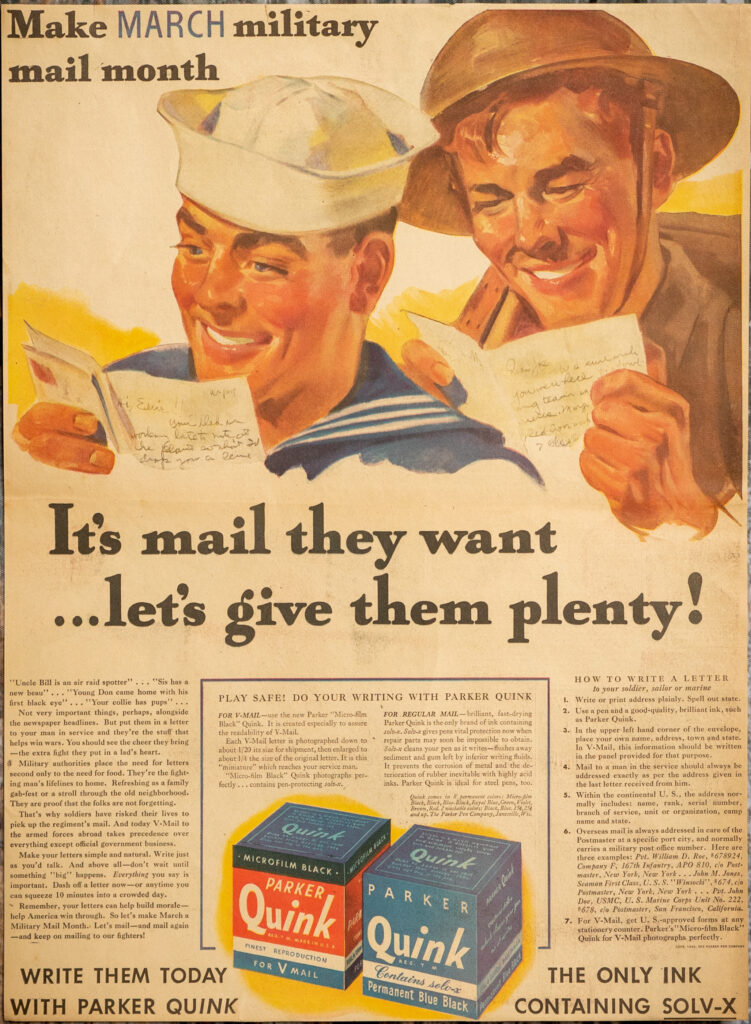 Wartime advertisement encouraging people to send mail to service members.