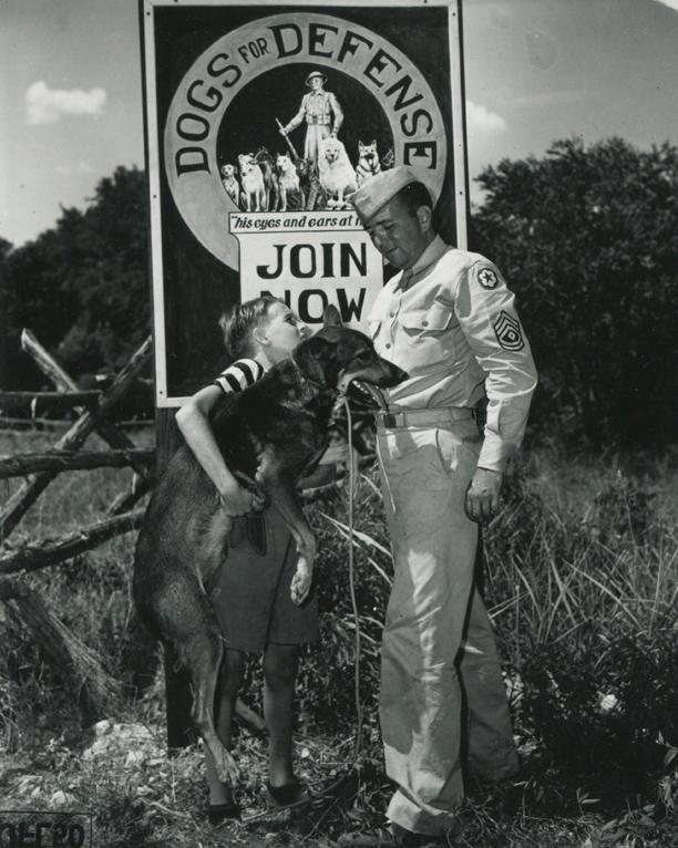 Clyde Porter presenting his dog, Junior, to Dogs for Defense.