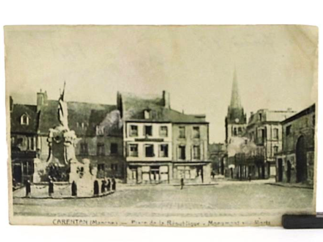 Vintage postcard showing a large institutional building in Carenten, France with people gathered outside.