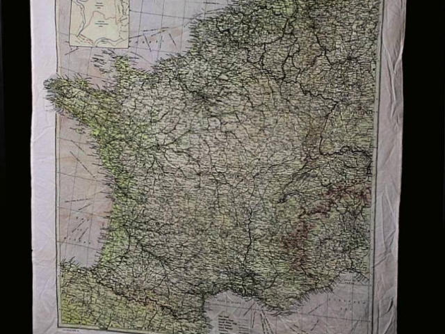 Detailed cloth map showing regions, roads, and landmarks across France.