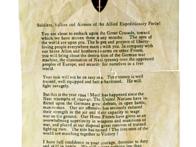 Printed copy of Dwight D. Eisenhower’s D-Day order encouraging Allied forces before the invasion of Normandy.