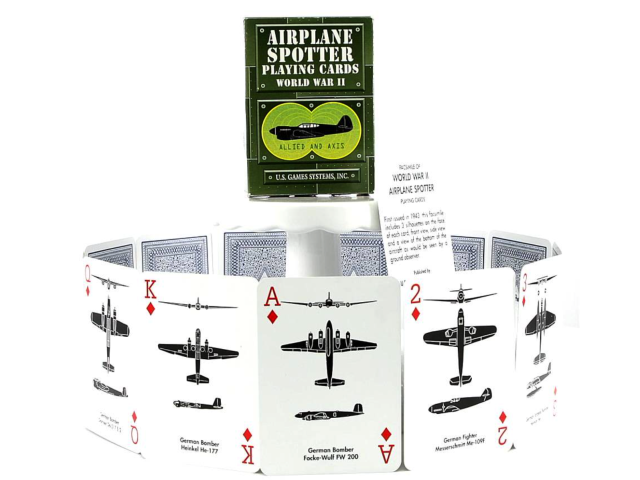 Airplane identification playing card showing a military aircraft silhouette and recognition details.