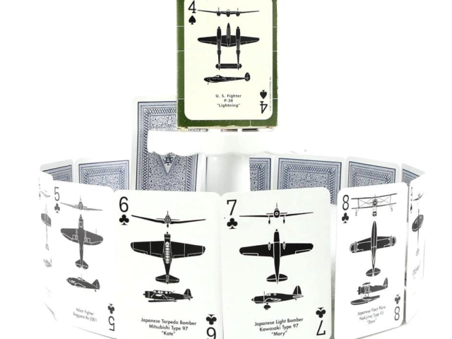 Airplane spotter playing card set featuring silhouettes used to identify military aircraft.