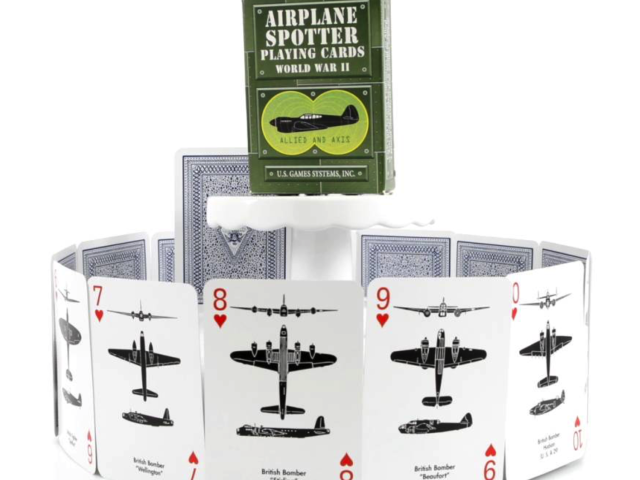 Airplane spotter playing cards displayed with illustrated aircraft identification cards.