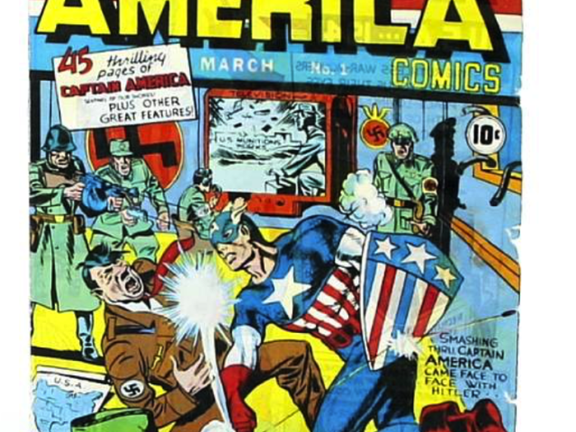 Colorful Captain America comic book covers featuring wartime superhero scenes.