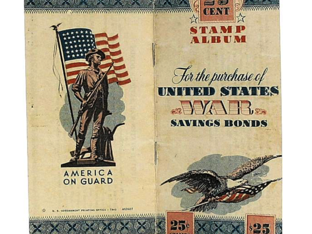 War savings stamp album featuring a soldier and an American flag.