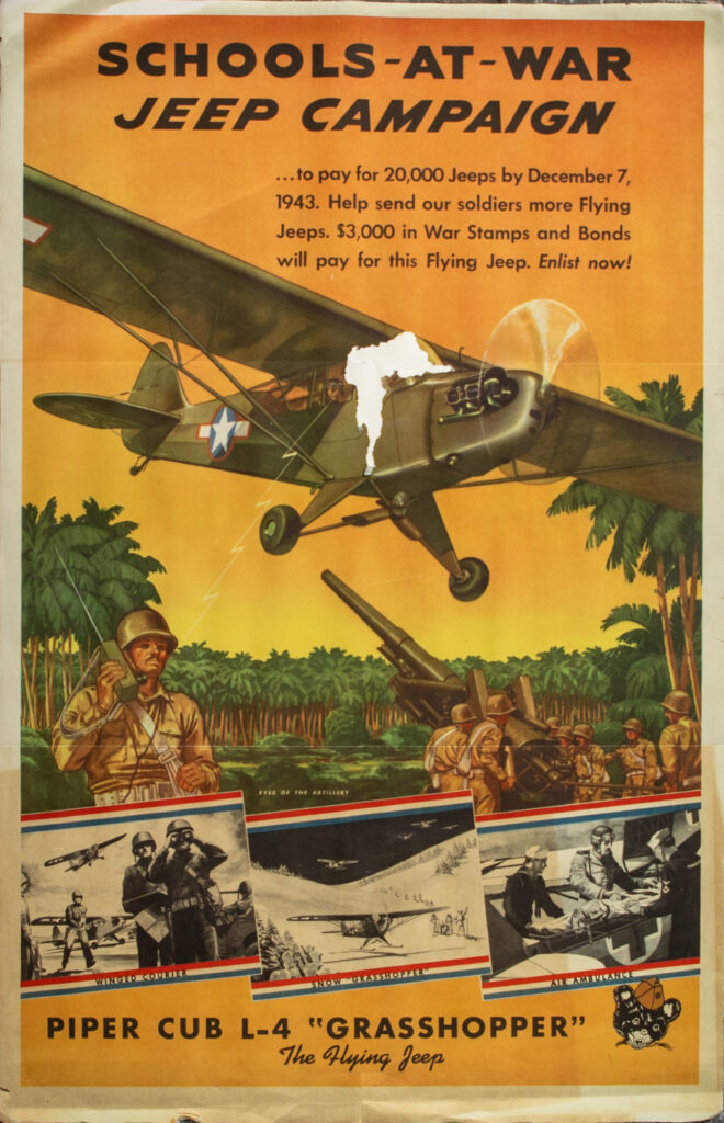 Illustrated wartime poster promoting a school campaign to fund a military jeep.