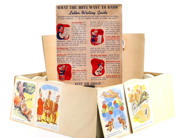Wartime stationery set titled “Keep ’Em Smilin’” with humorous illustrated message cards.