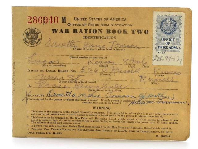 Cover of United States War Ration Book Two with handwritten identification details.