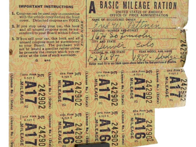 Wartime basic A mileage ration coupons and identification documents.
