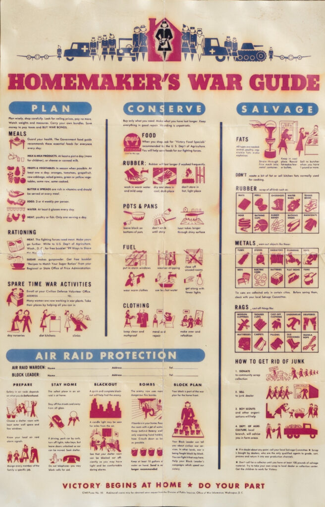 Illustrated homemaker’s wartime guide with household conservation tips.