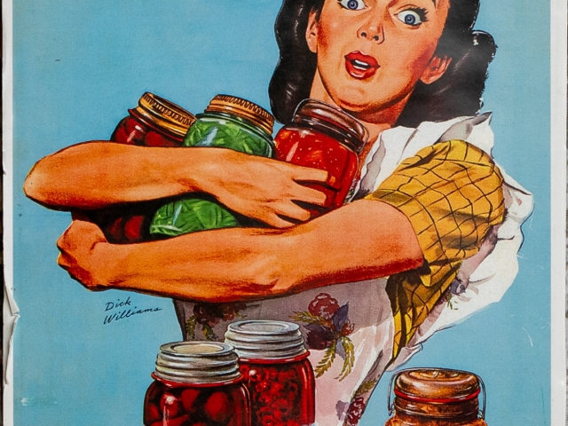 Wartime poster showing a smiling woman holding jars of preserved food.