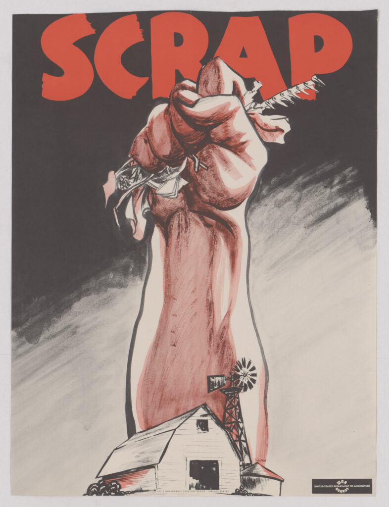 Wartime poster urging civilians to collect scrap materials.