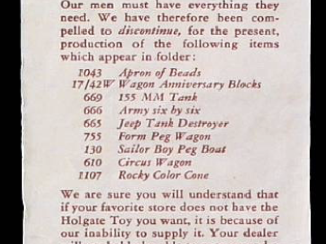 Printed notice listing toy soldiers, military vehicles, and war-themed toys available for purchase.