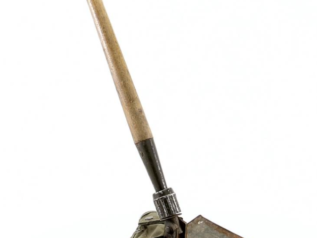 Military shovel with a wooden handle and dark metal blade.