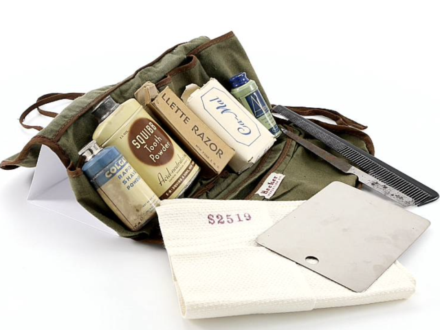 Military inspection kit containing labeled bottles, brushes, and maintenance supplies in a canvas case.
