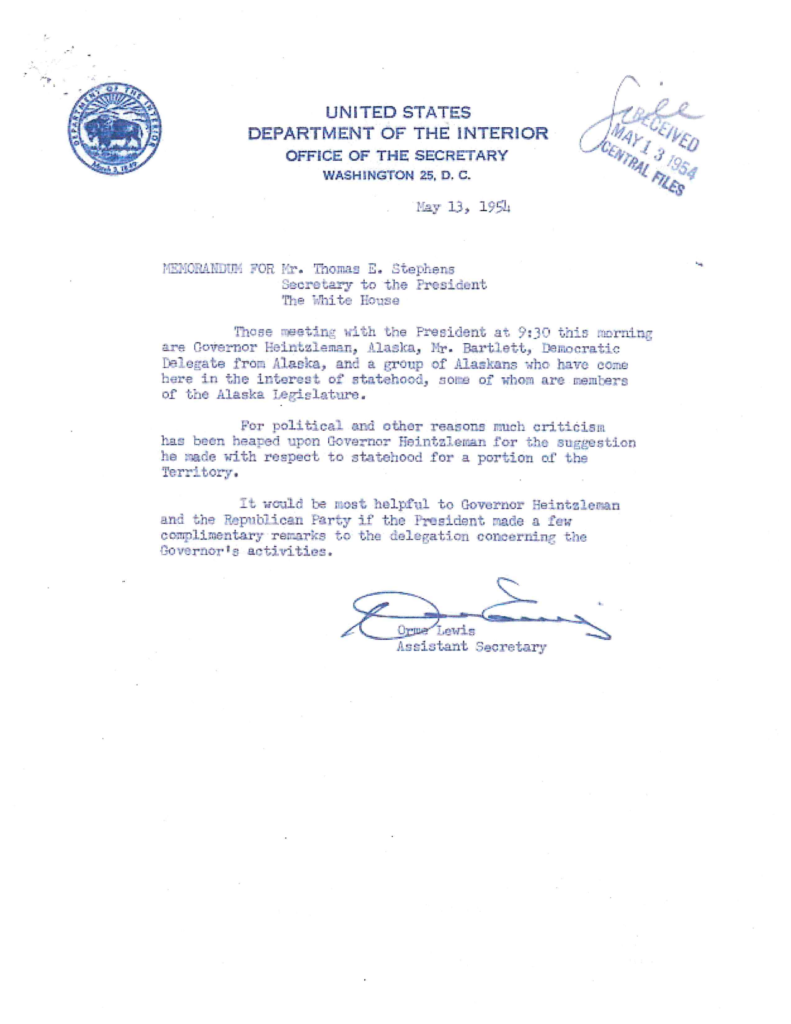 Scanned memorandum from the Department of the Interior to Mr. Stephens.