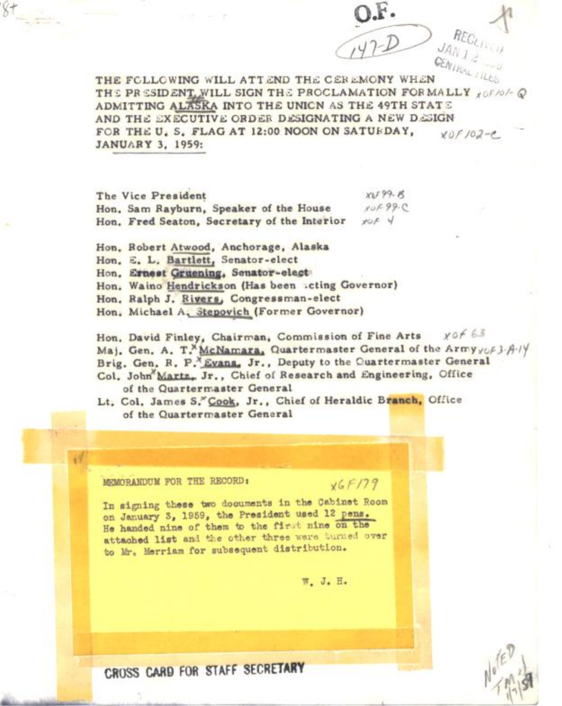 Scanned list of people attending a signing ceremony.