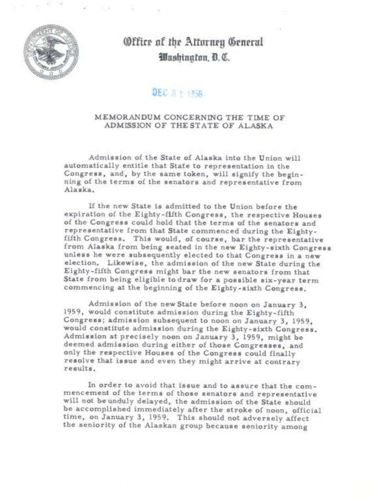Scanned memorandum concerning the timing of Alaska’s statehood.