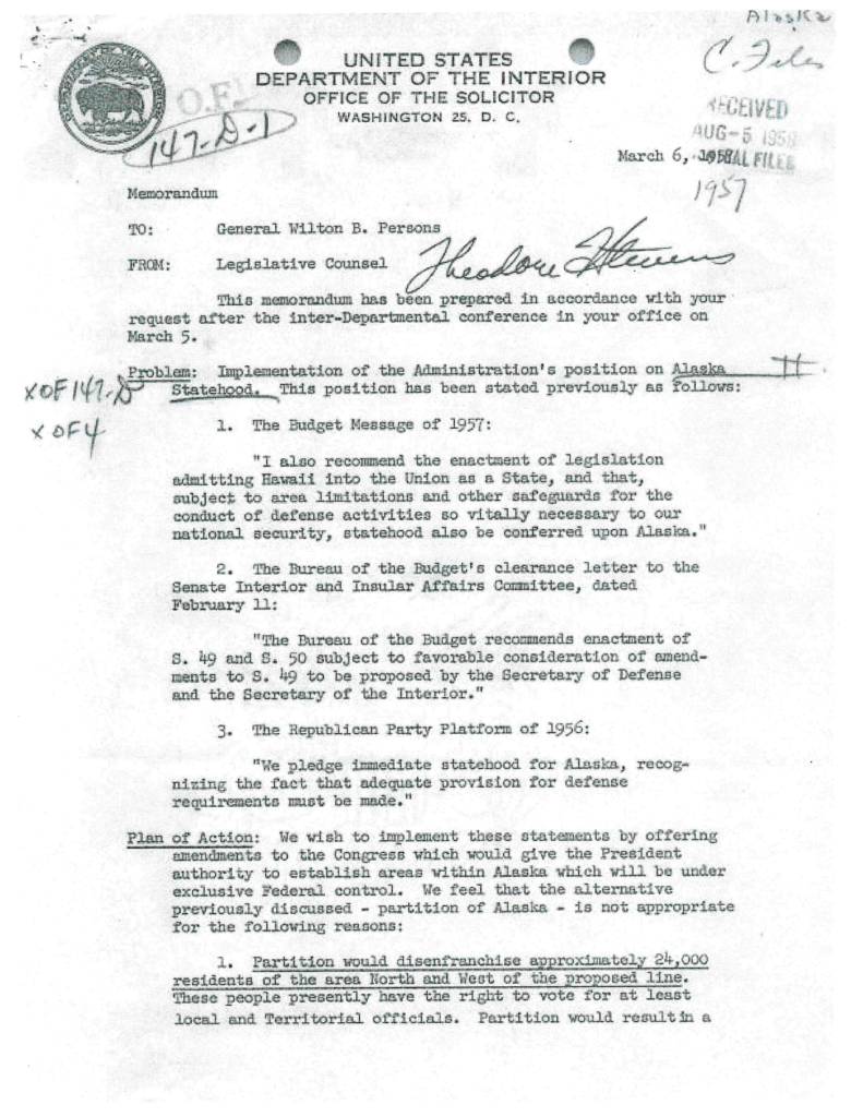 Scanned memorandum about implementing the administration’s position on Alaska statehood.
