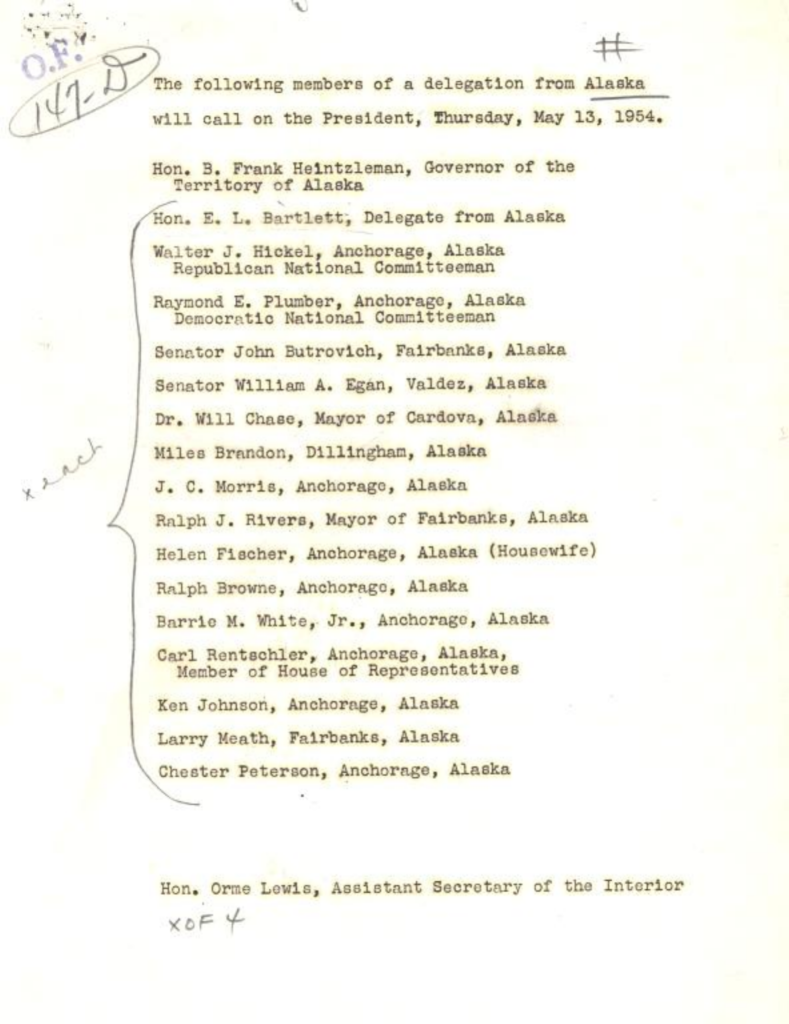 Handwritten list concerning an Alaska delegation.