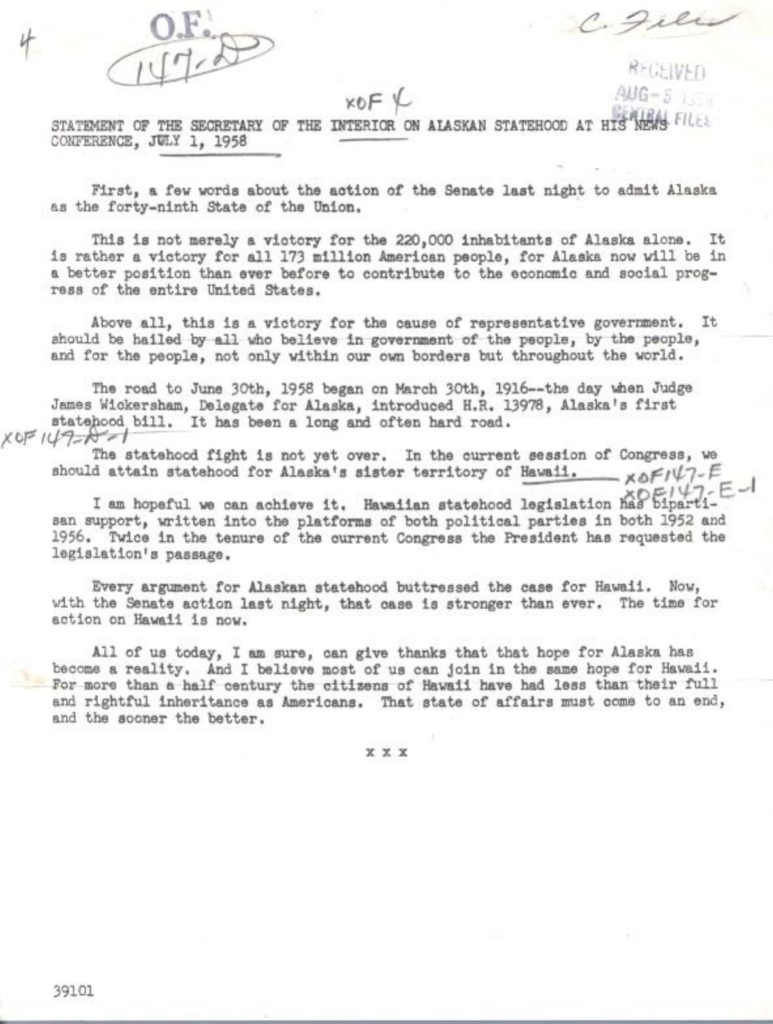 Scanned statement by the secretary of the interior on Alaska statehood.
