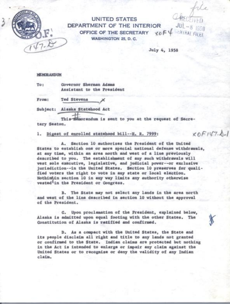 Scanned memorandum from Ted Stevens about the Alaska Statehood Act.